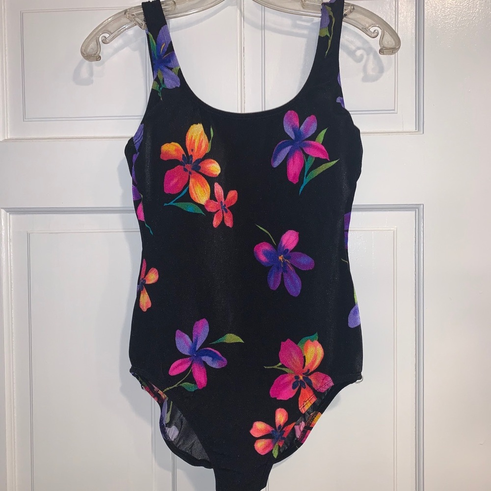 Vintage Black with Colorful Flowers Bathing Suit